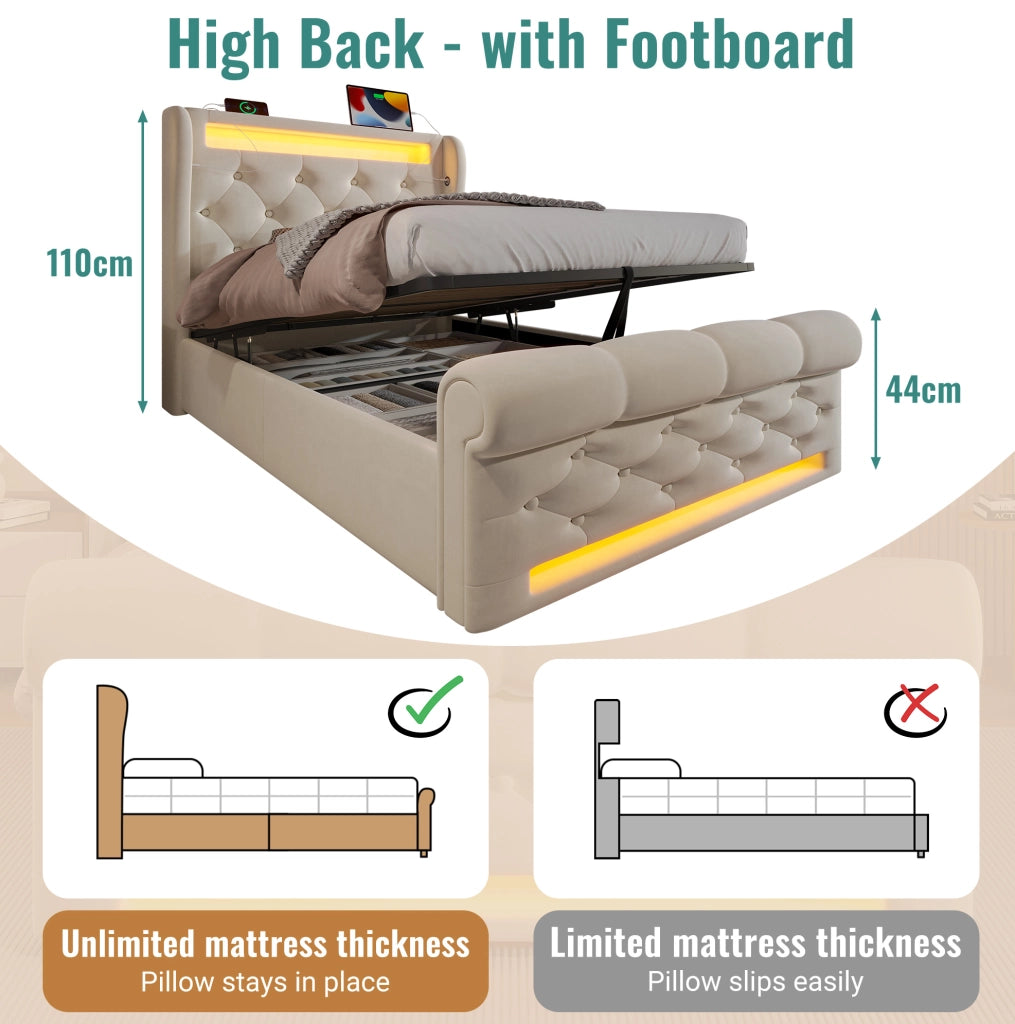 Letto imbottito 90x200 cm in velluto beige con LED; USB-C; contenitore idraulico e materasso