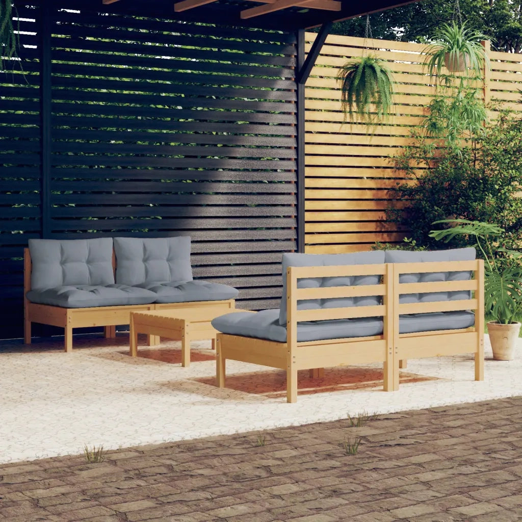 Set Divani da Giardino 5 pz con Cuscini Grigi Massello di Pino 3096003