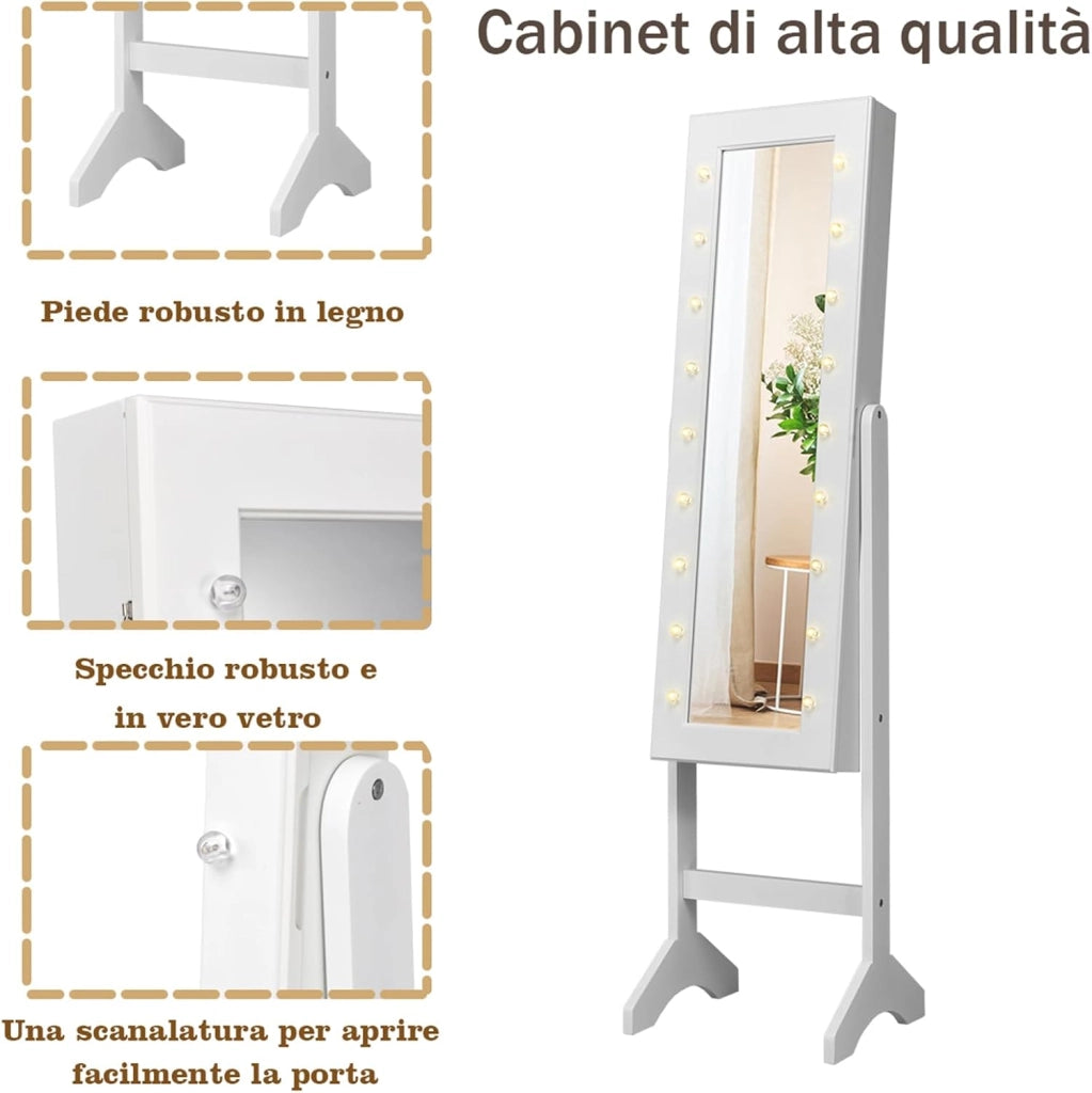 Portagioie Armadietto Specchiera con 18 Luci LED, Specchio a Figura Intera, Organizer per Gioielli Moderno Elegante, 145x35x31,5cm (Bianco)