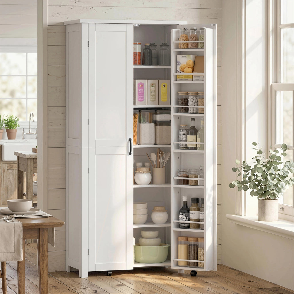 Mobile Cucina Moderno: Ruote. 2 Ante. 14 Scomparti. Colore Bianco.