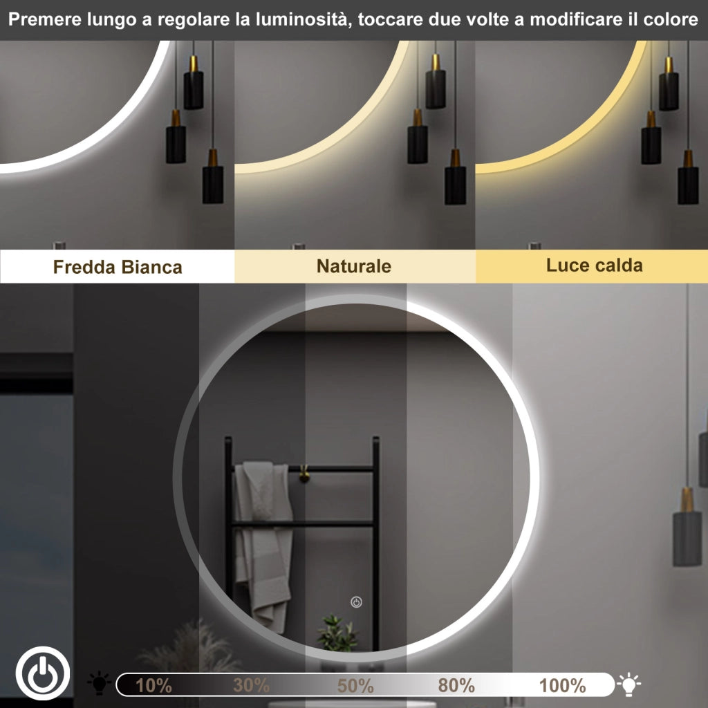 AICA Specchio da bagno 100 x 100 cm, 3 colori, antiappannamento, dimmerabile, interruttore touch, Funzione Memoria