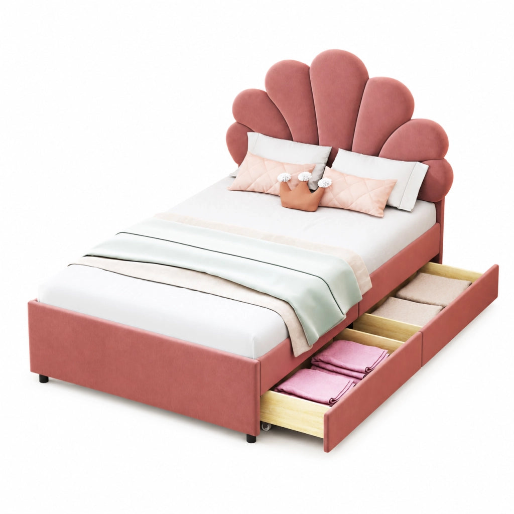 Letto imbottito 90x200 cm; 2 cassetti; velluto; rosa (Senza materasso)