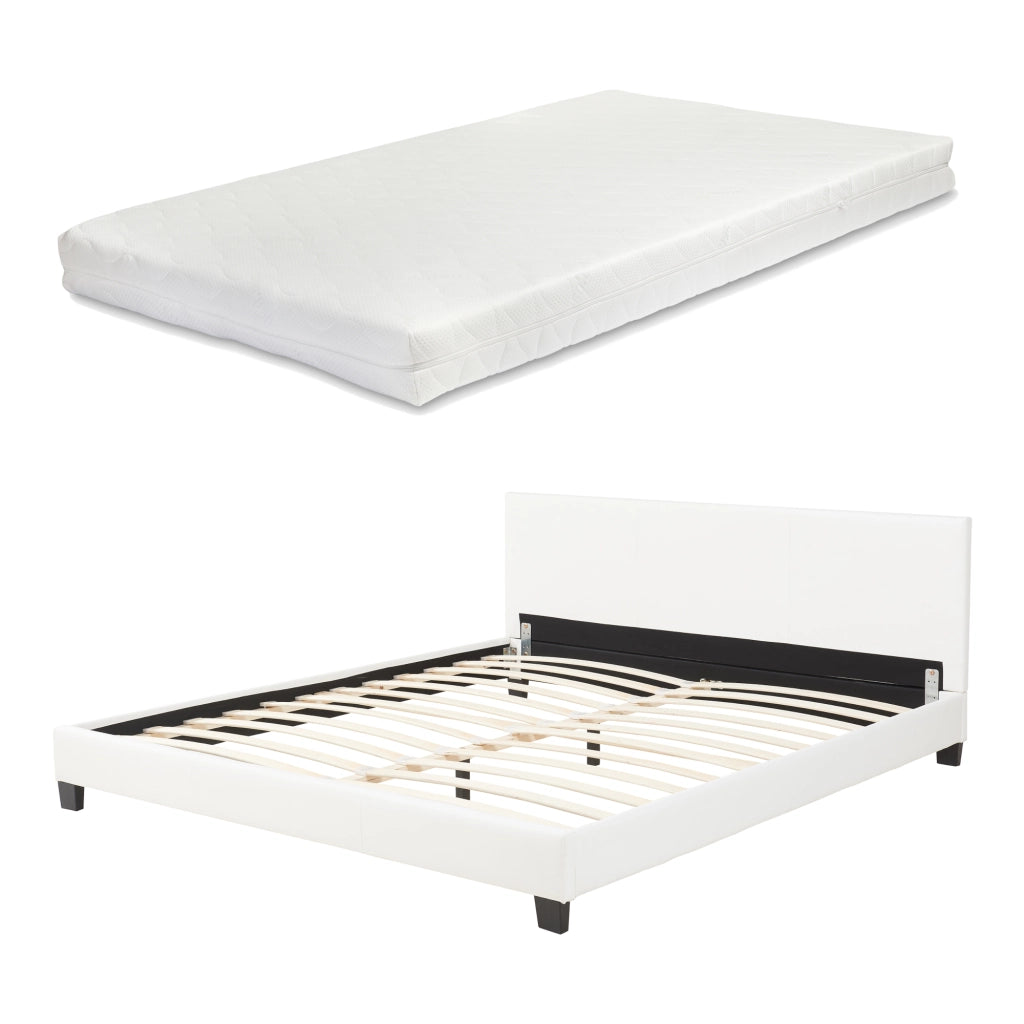 Letto Matrimoniale Albacete con Testiera Alta e Materasso 160x200 cm Similpelle Bianco Corium