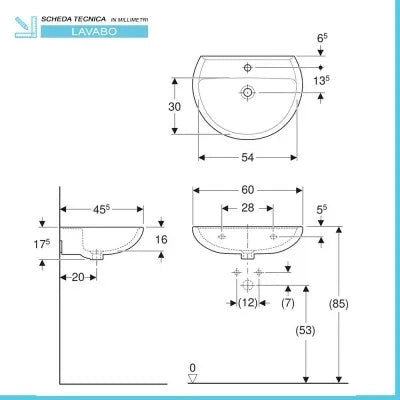 Lavabo con colonna 60 cm Geberit in ceramica lucida  Colibrì