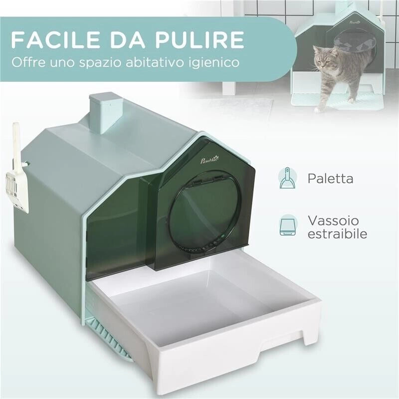 LETTIERA PER GATTI CHIUSA CON VASSOIO ESTRAIBILE, TAPPETINO E PALETTA, 47X45X42CM, AZZURRO
