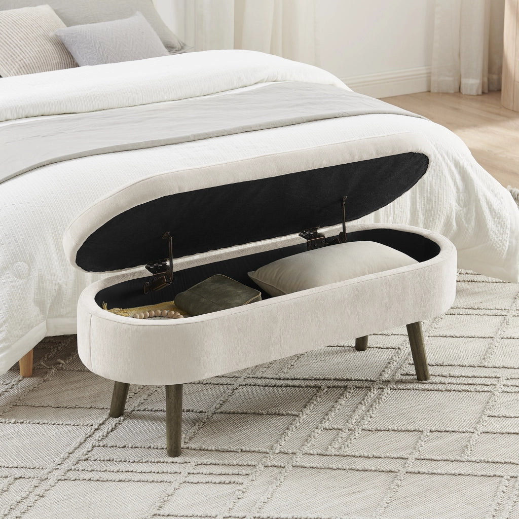 Panca contenitore con vano portaoggetti e coperchio ammortizzato in chenille e legno massello beige 110 × 40 × 42 cm