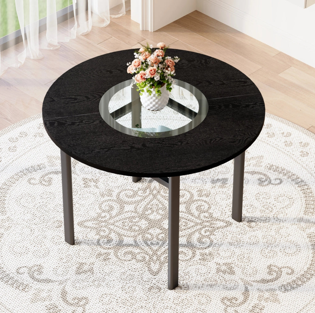 Tavolo rotondo 100 cm in MDF nero con inserto in vetro e struttura in metallo