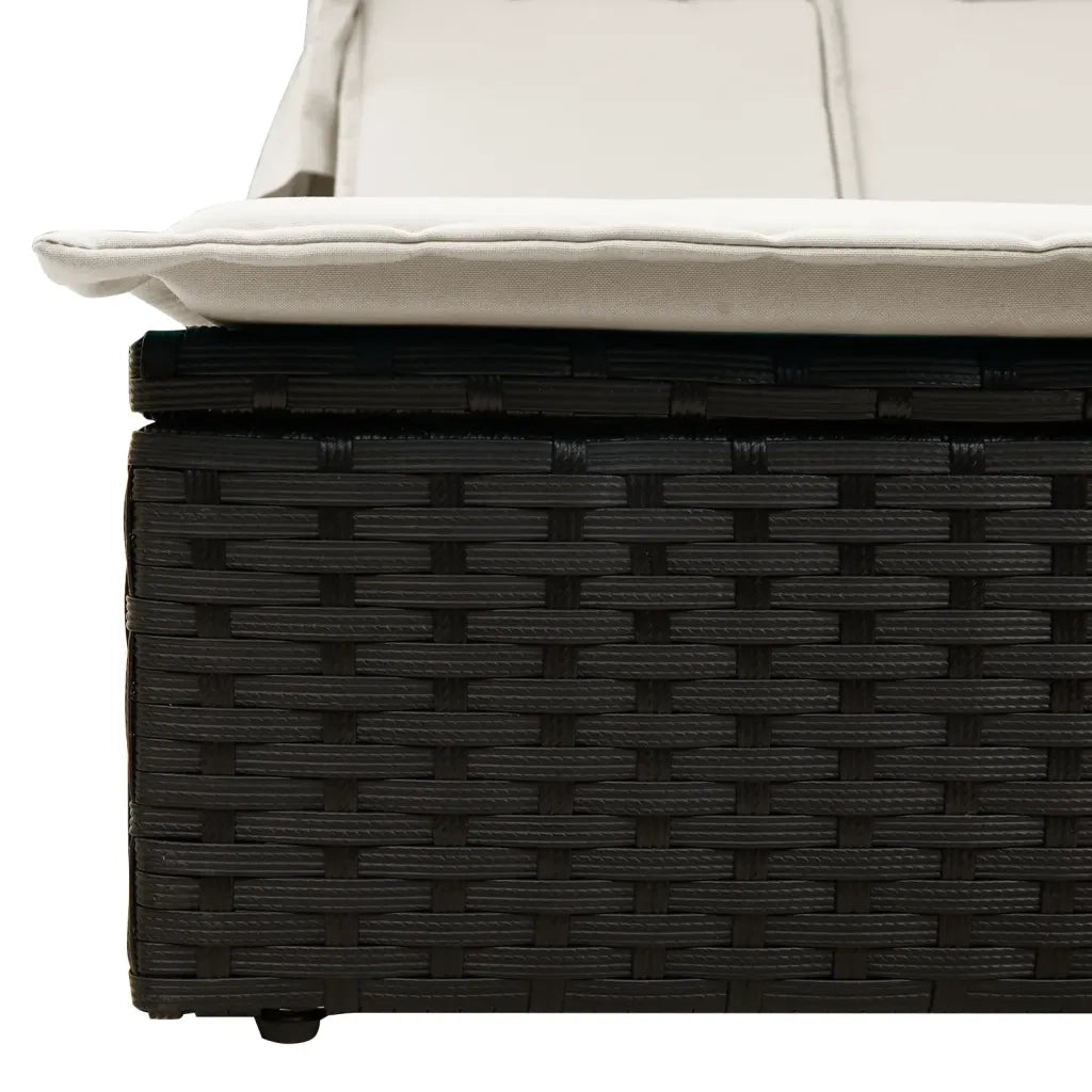 Lettino Prendisole Doppio Baldacchino e Cuscini Nero Polyrattan 368637