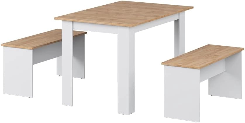 Set di tavoli da pranzo Sentio, Bianco, 112 x 73.6 cm con 2 panche, adatto come set da pranzo per piccoli spazi e cucine