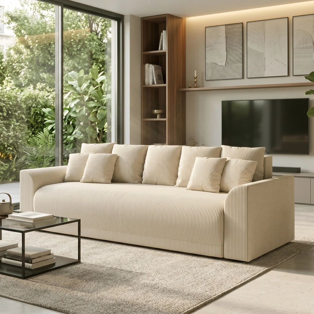 Divano letto 3 posti ¨C zephmum ¨C Tessuto antimacchia beige, Struttura in legno, 230 cm