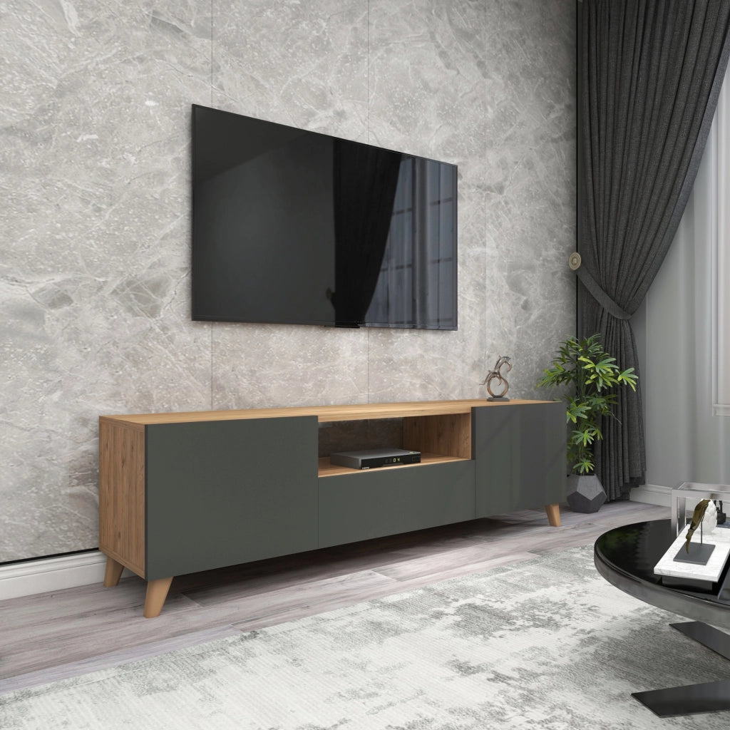 Mobile Porta TV Torsby con Scomparti Chiusi 46 x 140 x 30 cm Effetto Rovere / Antracite [en.casa]