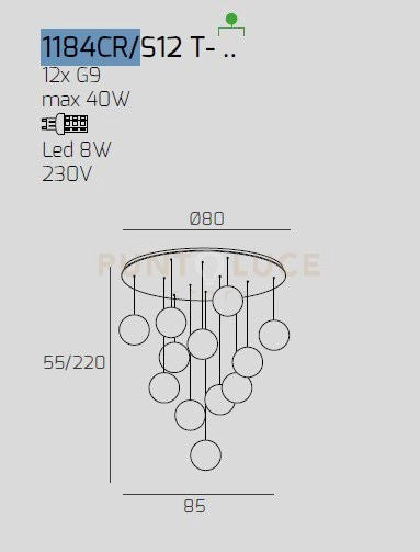 SOSPENSIONE CROMO 12 LUCI TONDA VETRI AMBRA 1184CR-S12 T-AM