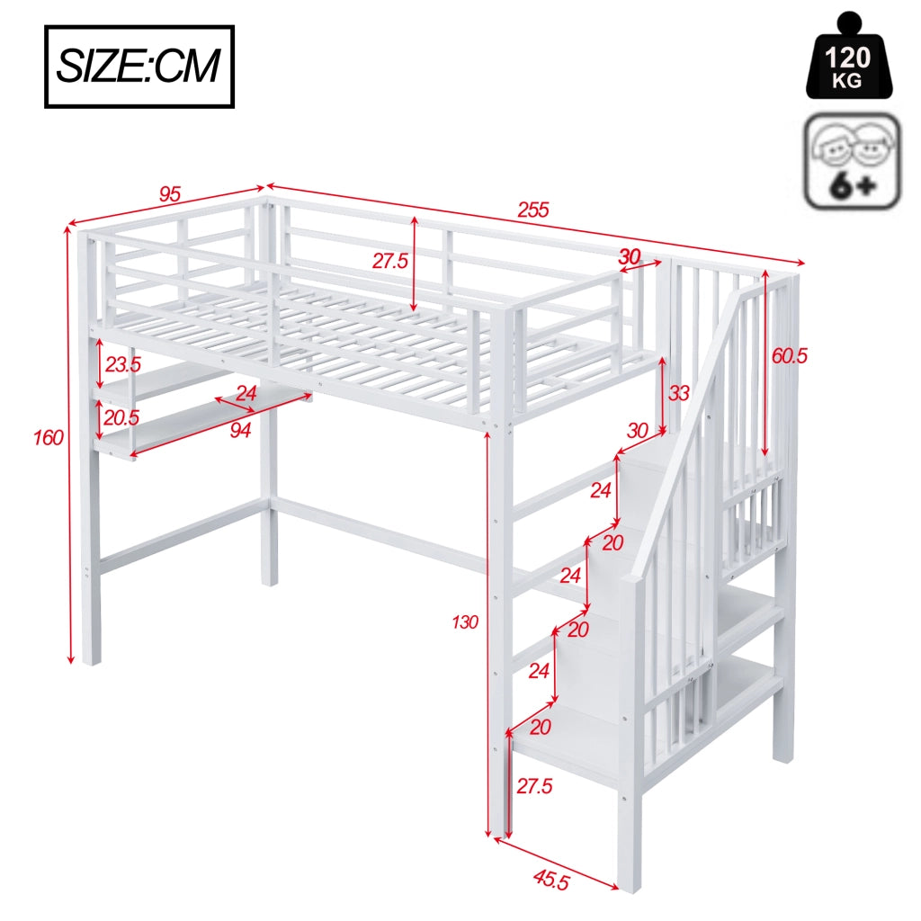 OKWISH Letto a soppalco 90×200 cm, Letto Singolo con Mensole, Scala con Contenitore e Sponda, senza Materasso, in Metallo, Bianco
