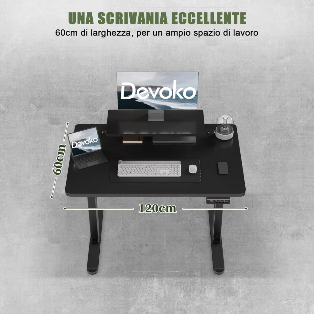 120 x 60 cm Scrivania Regolabile in Altezza con Supporto per Monitor, Regolabile con 2 Altezze di Memoria, Per Camera da Letto, Studio, Ufficio(Nero)