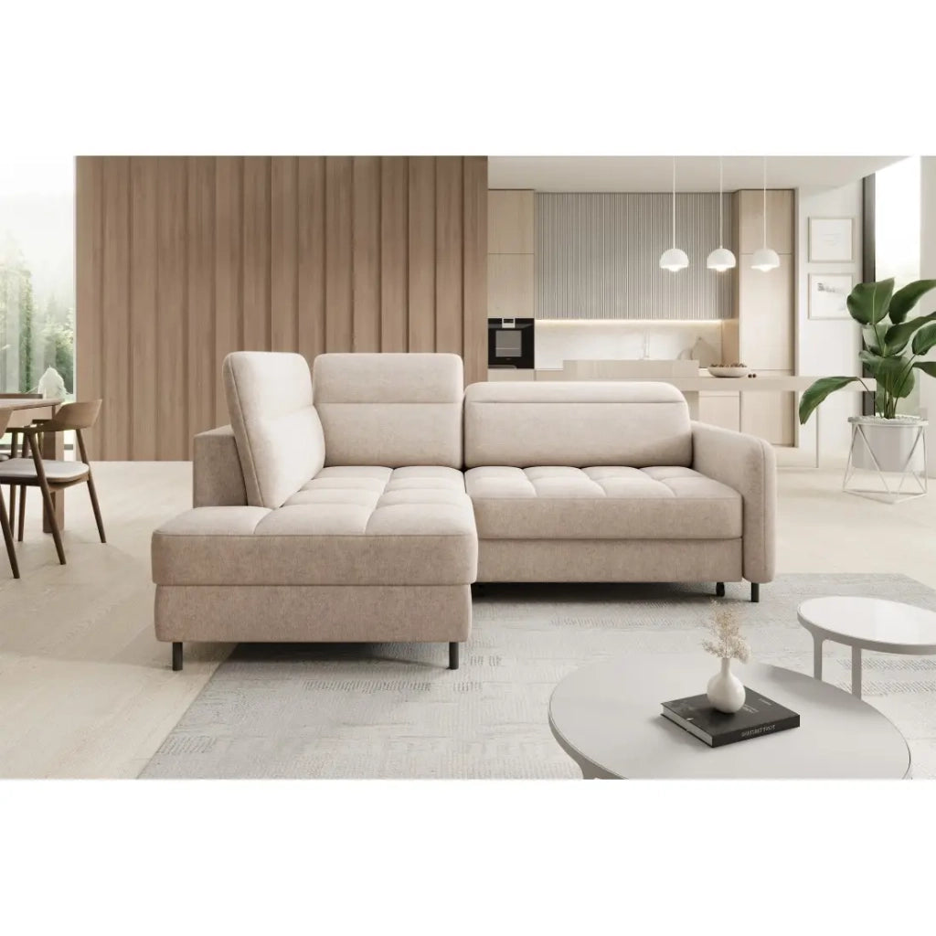Divano ad angolo sinistro convertibile BARNEA 208 cm crema con contenitore