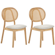 Set di 2 sedie da pranzo con struttura in legno e rivestimento in tessuto marrone chiaro e beige, schienale ovale con intreccio viennese, stile Japandi