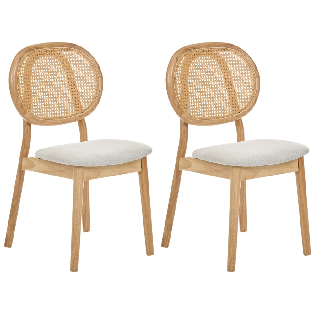 Set di 2 sedie da pranzo con struttura in legno e rivestimento in tessuto marrone chiaro e beige, schienale ovale con intreccio viennese, stile Japandi