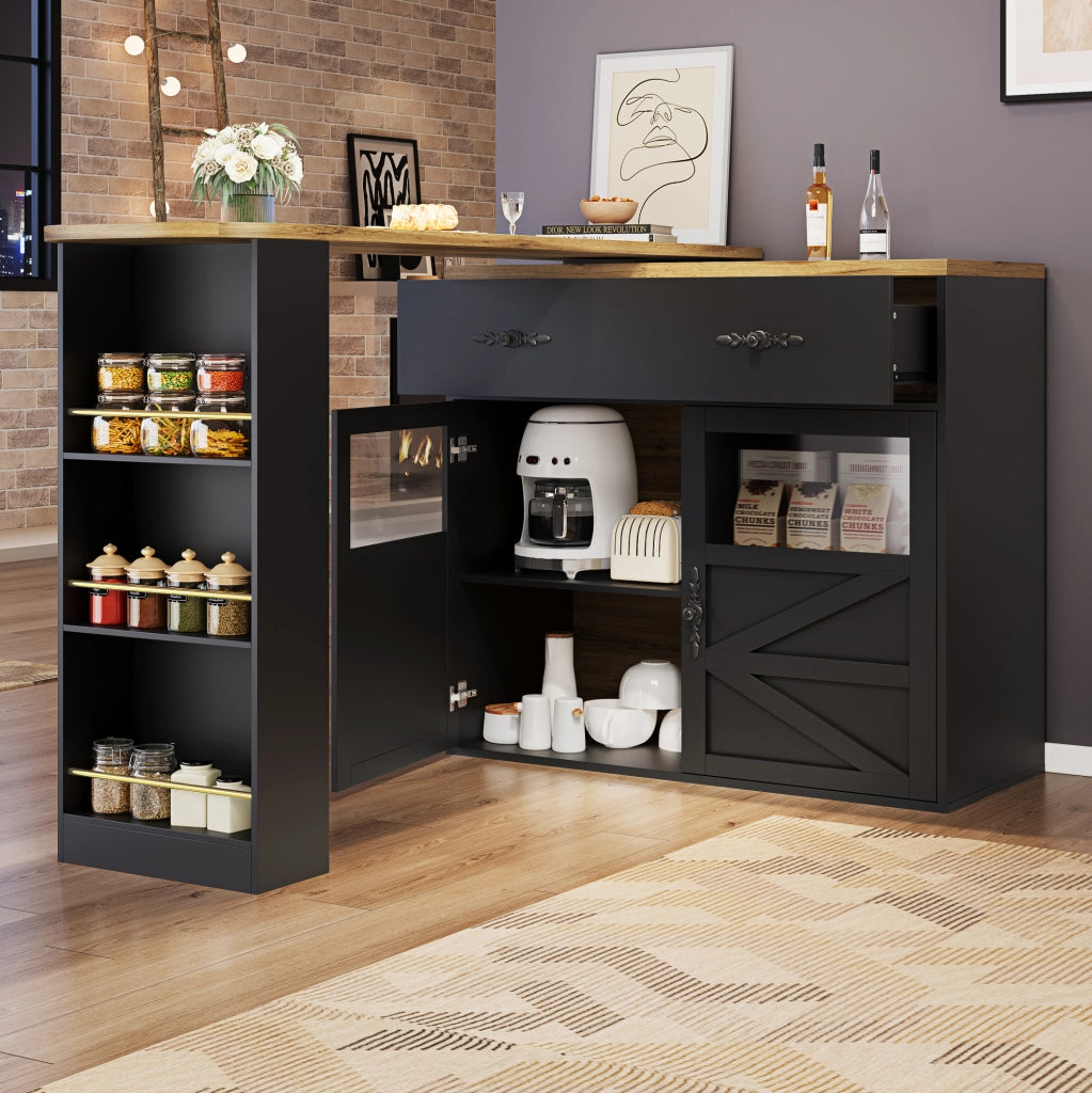 Tavolo bar 138-204x39x104 cm girevole con vani portaoggetti in MDF nero