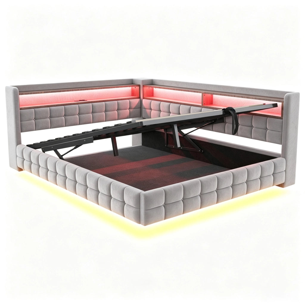 Divano letto imbottito 217x155.5x85 cm con vano contenitore; prese; LED; legno; grigio chiaro