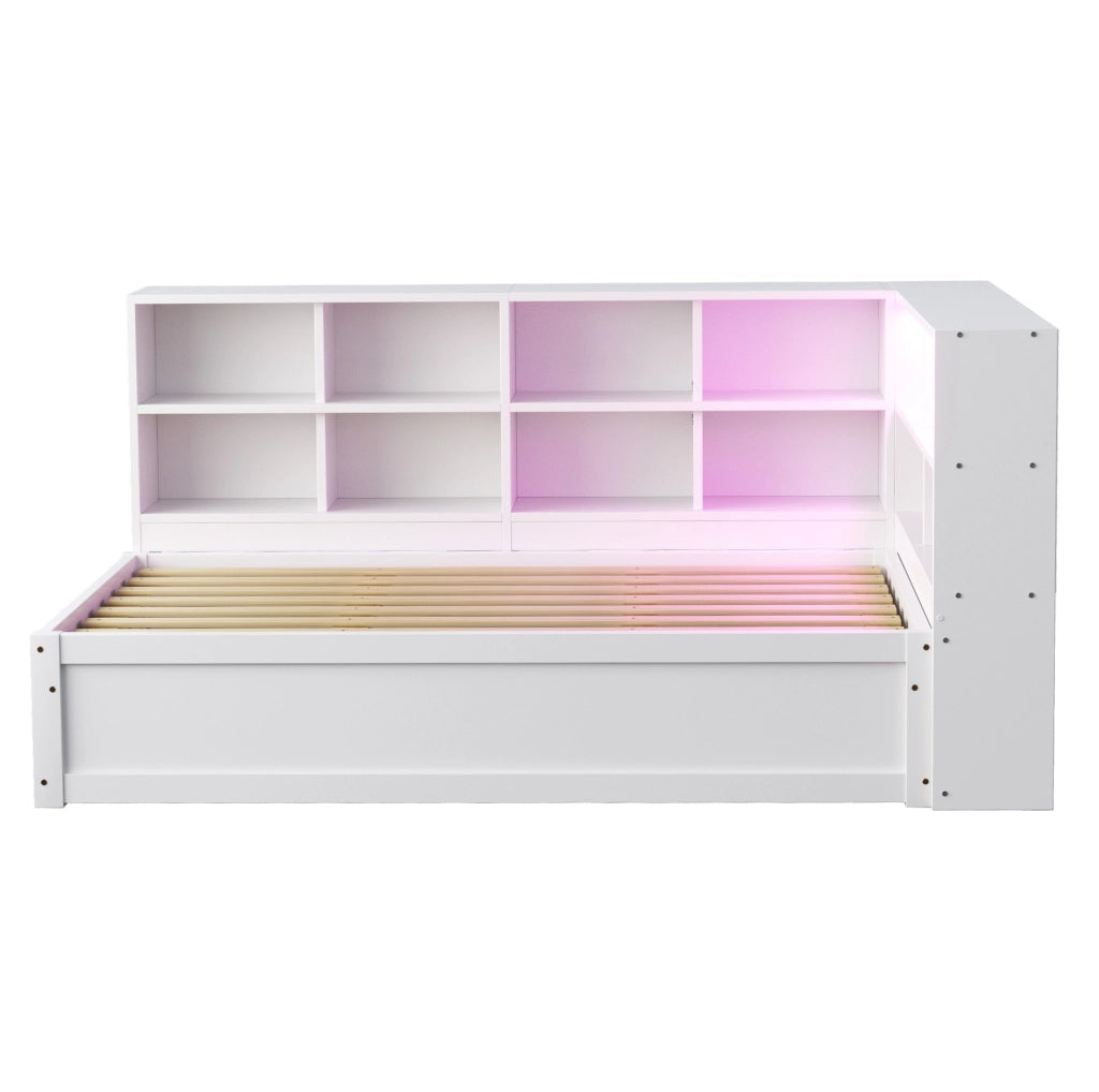 Letto singolo multifunzione 90x200 cm con contenitori; LED e presa integrata; bianco