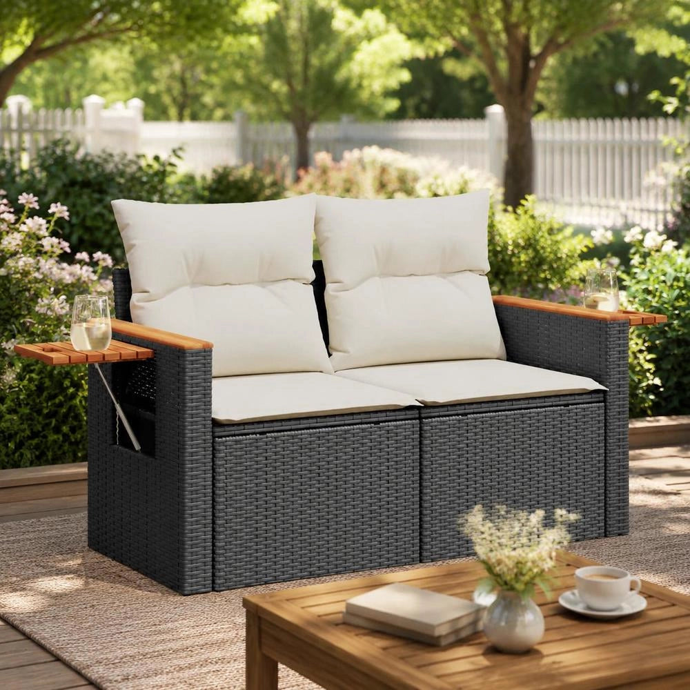 Garden Sofa With Cushions 2-seater Black Poly Rattan