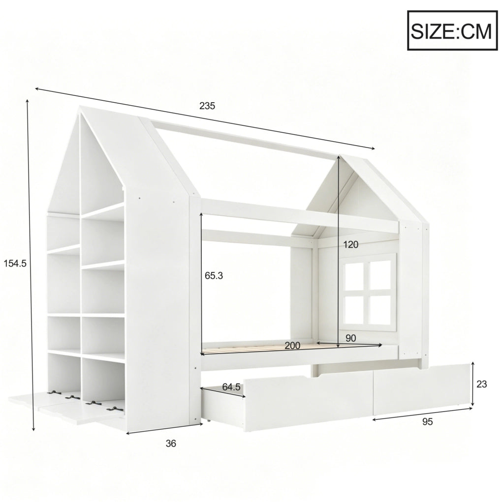 Letto per bambini a forma di casa 90x200 cm con cassetti, LED e vano contenitivo