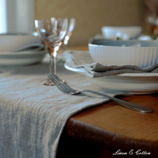 Tavolo da pranzo in lino shabby chic rustico - beige naturale - 44x130 cm - per decorazione di villa rurale