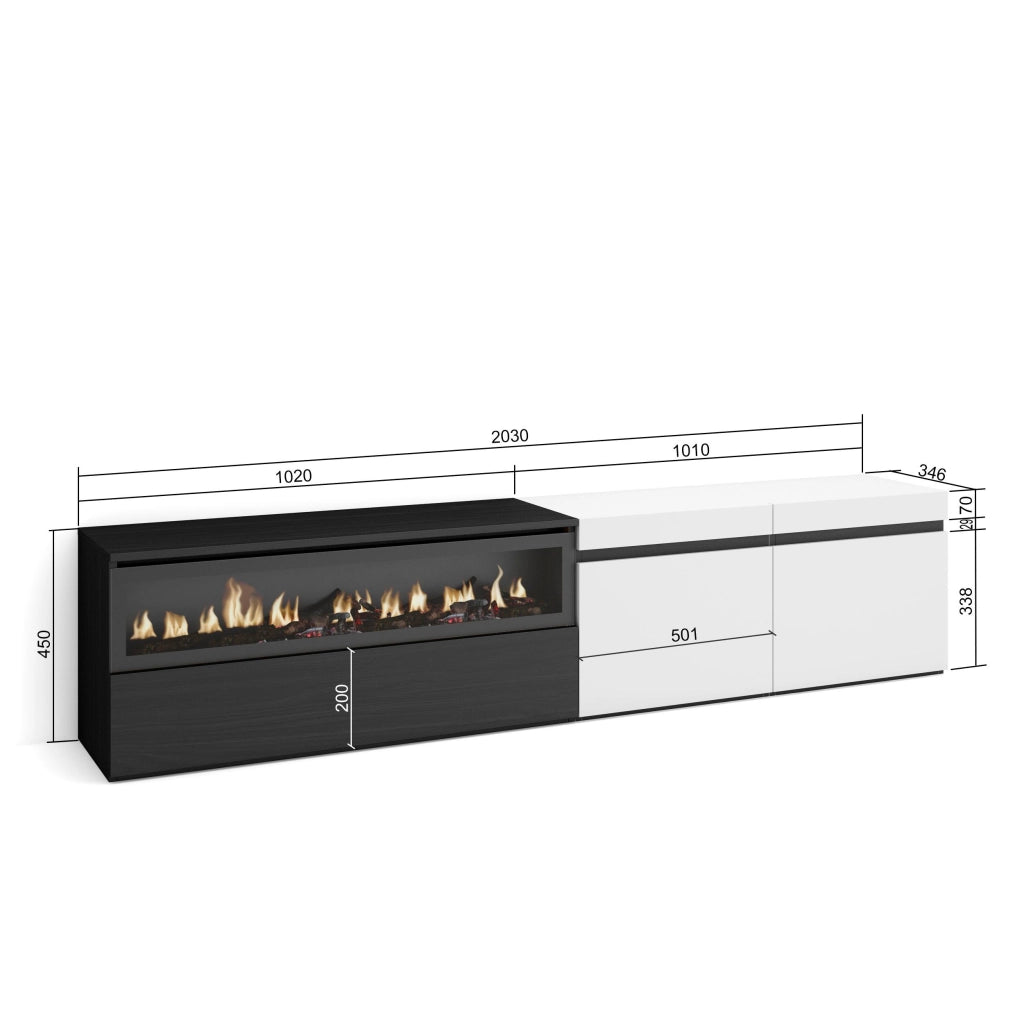 Mobile TV, 200x35x45cm, soggiorno, Per TV fino a 80", Camino elettrico, Bianco e nero RF2163