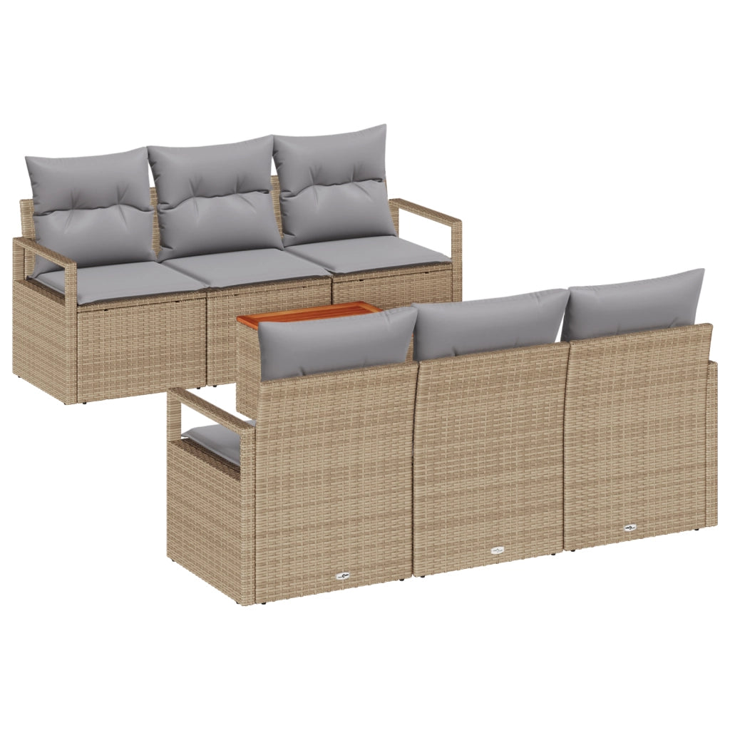 Set Divano Giardino 7 Pezzi con Cuscini Beige Polyrattan e Acacia