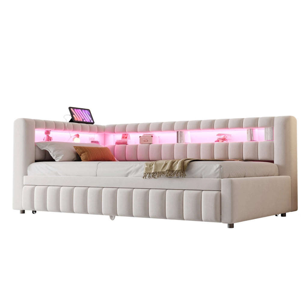 Letto imbottito estraibile 90x200 cm con LED, porte USB e tipo C, tessuto effetto velluto beige