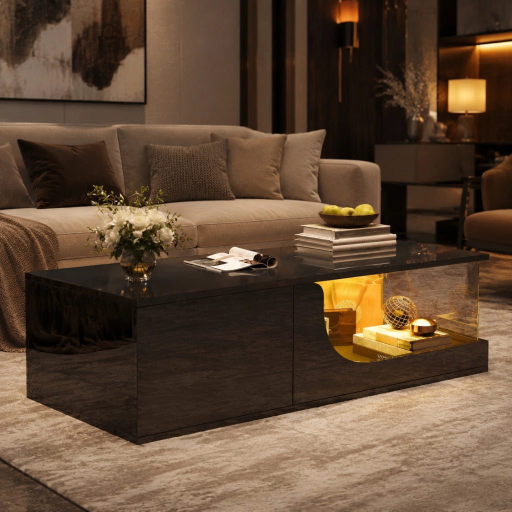 Tavolino da salotto 100x50x30 cm con LED e 2 cassetti; MDF; nero