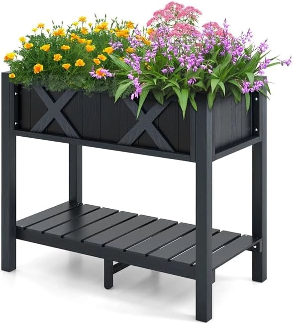 Fioriera Rialzata da Esterno, Letto da Giardino con Piano di Appoggio Impermeabile alle Intemperie e Fori di Drenaggio, Aiuola Rettangolare per Fiori, Erbe, Verdure e Frutta