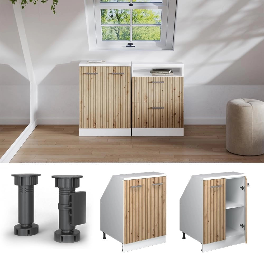 Mobile sottotetto Rion, Rovere artigianale, 60 x 81.6 cm con 2 porte, carcassa 60 cm profondità, adatto per il salvaspazio sotto tetti spioventi