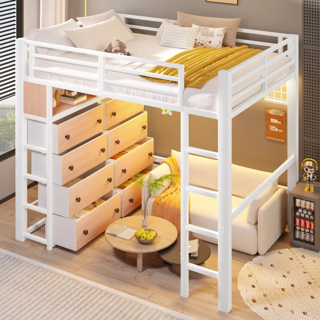 Letto a soppalco 140x200 cm, struttura in metallo, con 8 cassetti, illuminazione a LED, ripiani portaoggetti, bianco (senza divano)