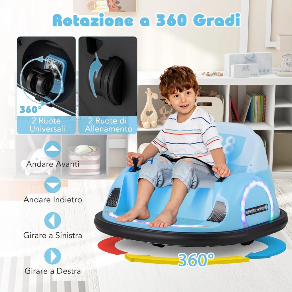 Autoscontro Elettrico per Bambini, Macchina Elettrica per Bambini con Luci LED, Connessione Wireless, Musica Giro a 360°, Macchina Cavalcabile per Bambini dai 18+ Mesi (Blu)