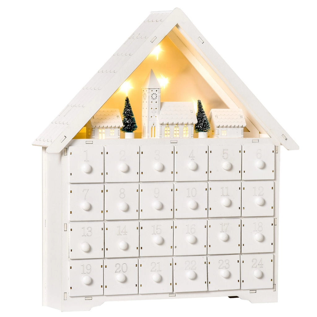 CALENDARIO DELL'AVVENTO IN LEGNO 24 CASSETTI E VILLAGGIO DI NATALE CON ALBERI + LUCI 39X9X42 CM  BIANCO
