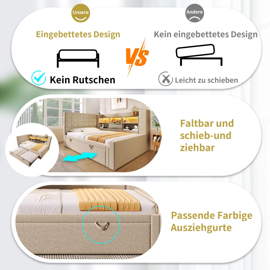 Letto a Divanetto 90x200 cm; Letto Singolo - Estraibile; LED; USB e Type-C - Beige