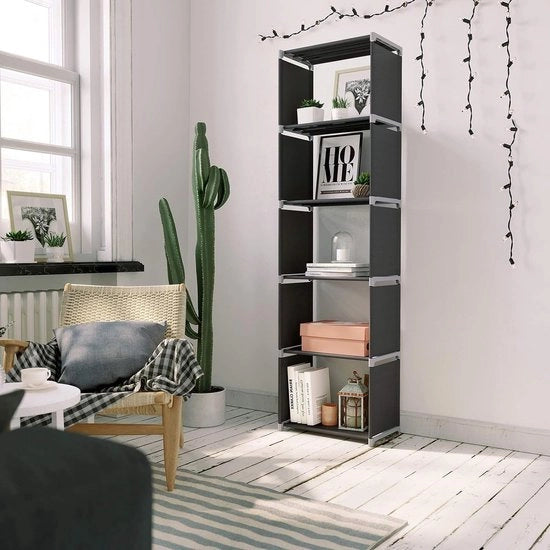 Organizzatore per libri 5 livelli, pannelli per abbigliamento, 5 kg di carico, 50x30x180 cm, per soggiorno e camera da letto, nero.