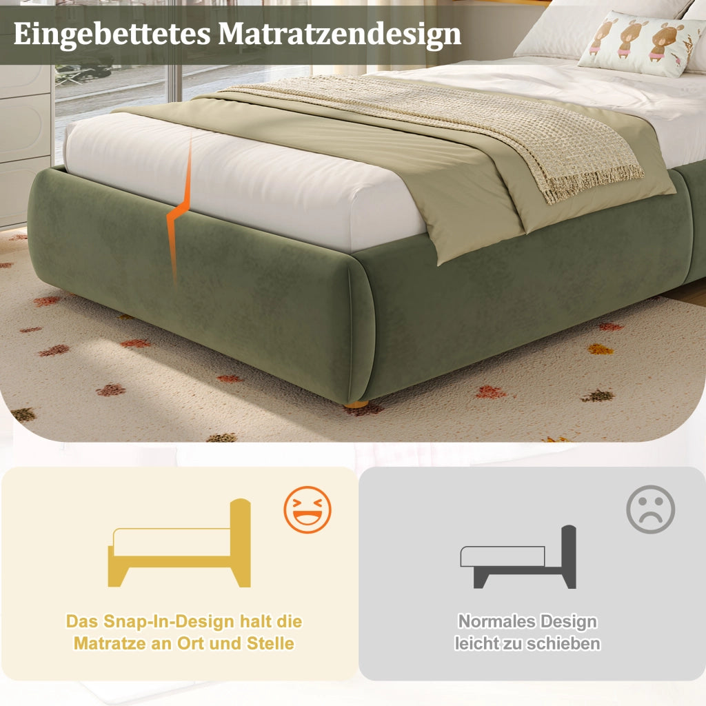 OKWISH Letto contenitore 90×200 cm, Letto Singolo con Vano Contenitore, Testiera Imbottita e Struttura Integrata, senza Materasso, in Velluto, Verde