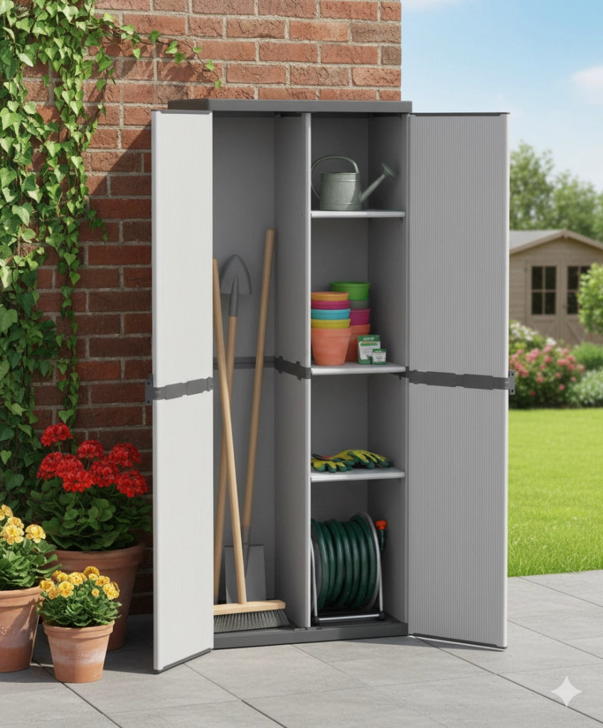 Armadio Portascope da Esterno 68x40x165 cm 2 Ante 4 Ripiani in Resina Grigio