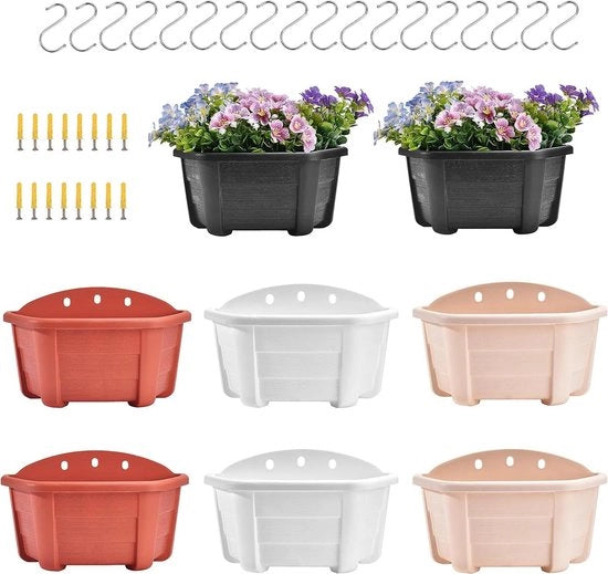 Set di 8 vasi per piante in stile retro con apertura per reling, 25 cm, per piante, fiori, vasi per donne, balcone, cancello, giardino, indoor outdoor, 4 colori