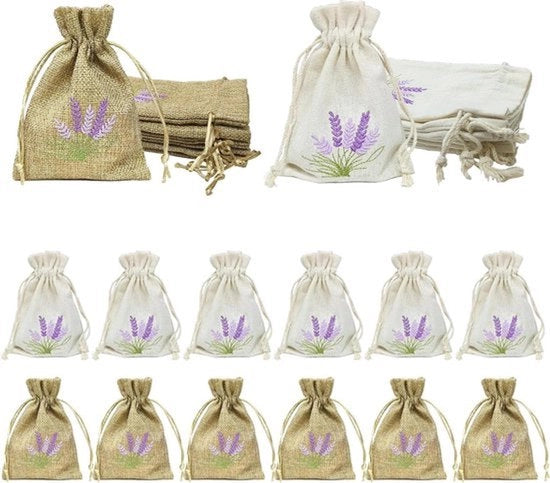12 sacchetti di lavanda vuoti in tessuto di lino bianco, corda per appendere, da riempire con spezie e erbe di lavanda