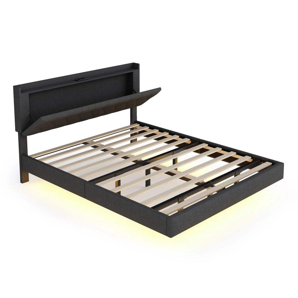 Letto imbottito con USB e LED, 160x200 cm, lino grigio