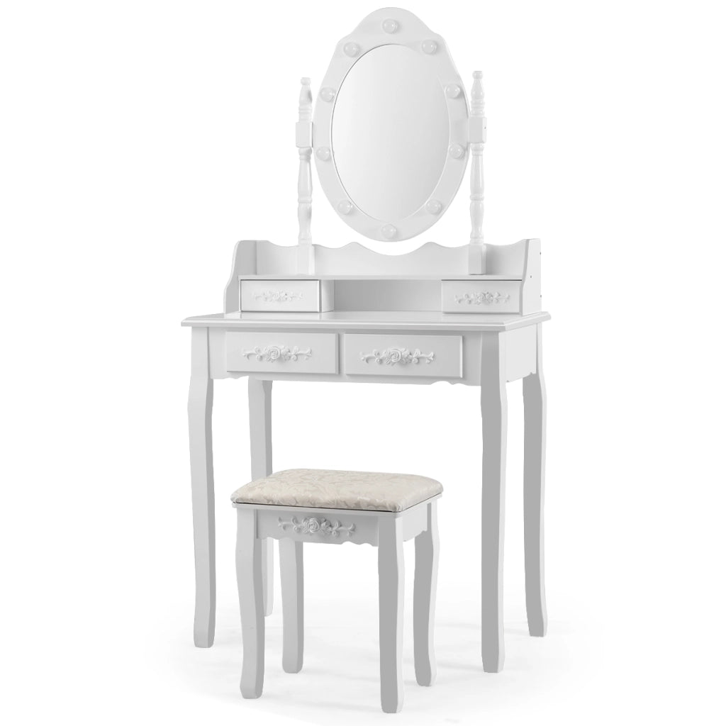 Set toeletta con specchio ovale e 10 lampadine LED, Toeletta classica con 4 cassetti, Bianco-Tavoli da trucco