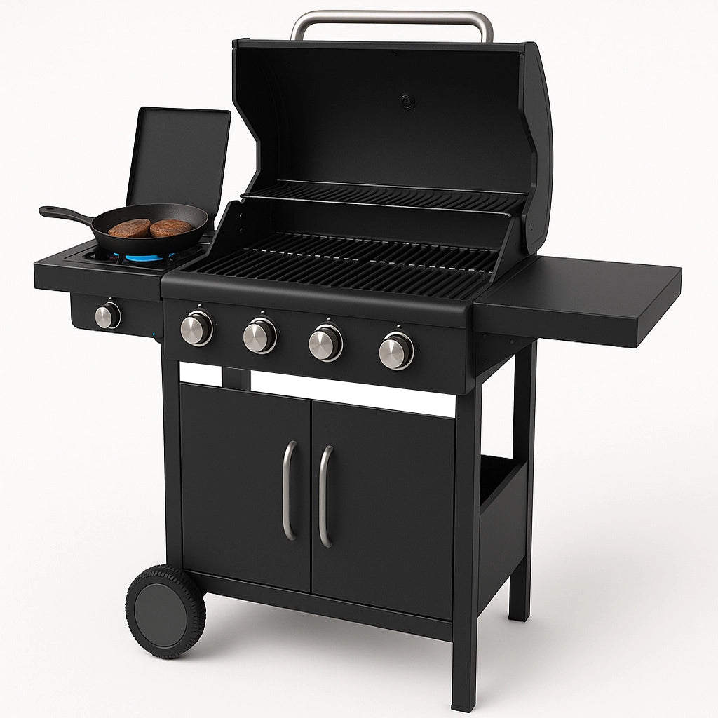 Barbecue a Gas Pietra Lavica BBQ 4 Fuochi con fornello laterale 110x130x50 cm
