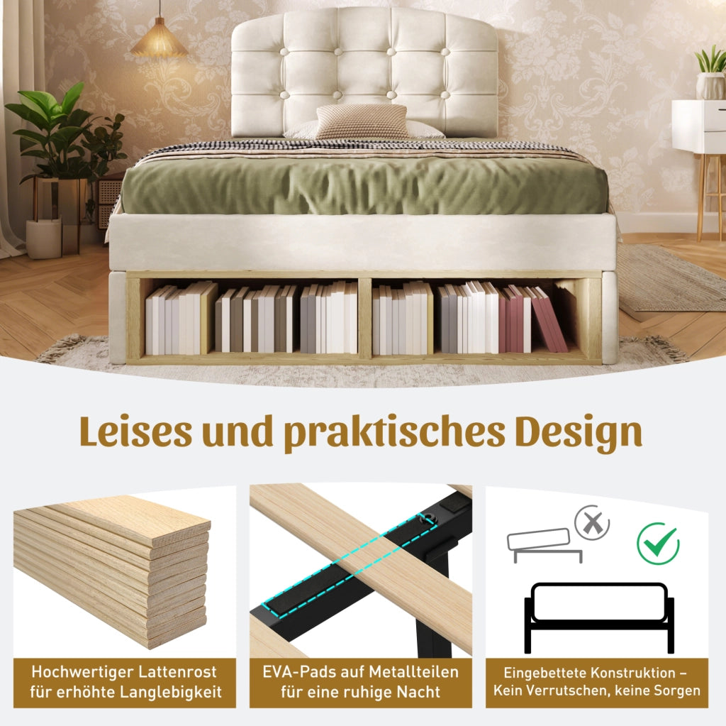 Letto singolo imbottito 90x200 cm beige con cassetti