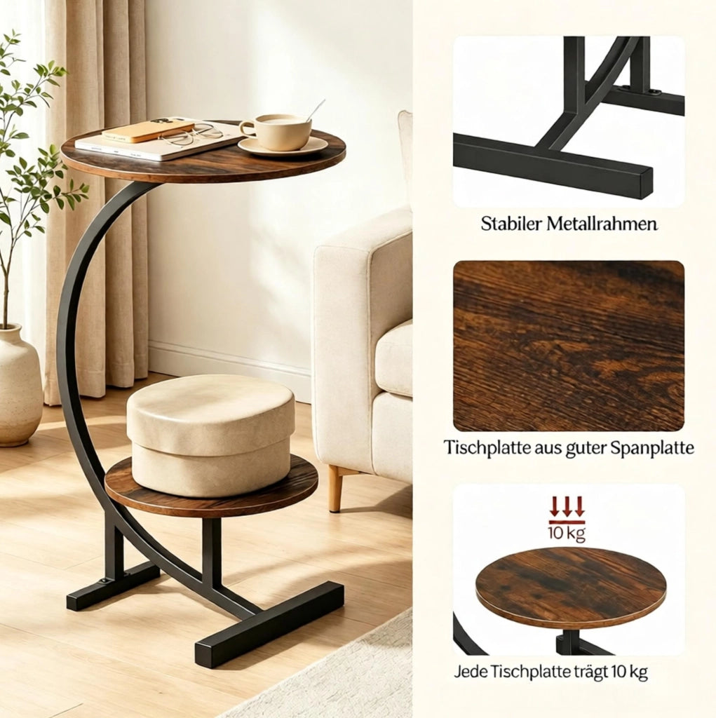 Tavolino rotondo a 2 ripiani in MDF e metallo; ?40/?30 x 66 cm; marrone rustico