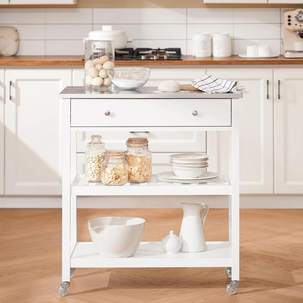 Carrello Cucina con Ruote Isola Cucina Salvaspazio Bianca con Piano in Acciaio Inox Mobiletto Cucina con Cassetti Mobile Cucina per Dispensa, Ingresso o Giardino 81x90x45cm FKW47-II-W
