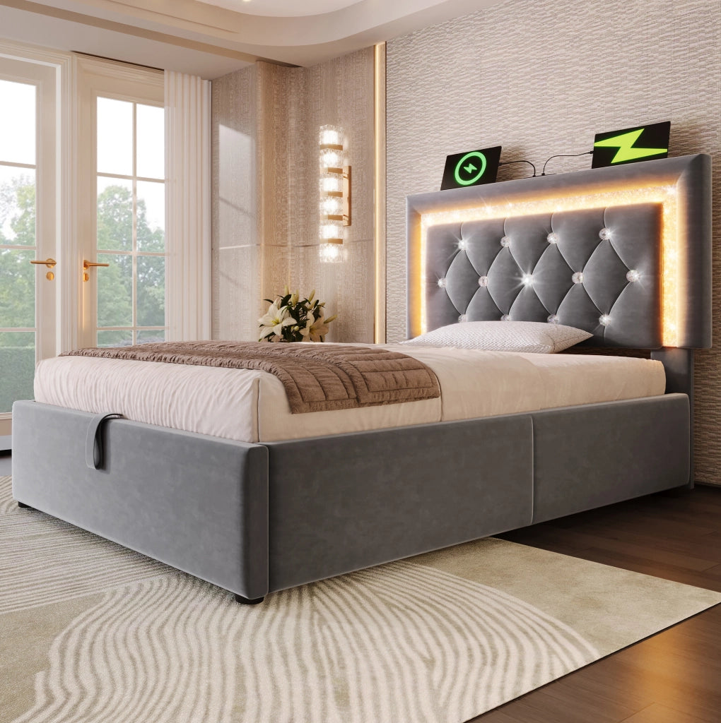 Letto singolo imbottito ULEVR 90x200 cm con contenitore idraulico, LED, USB e USB-C, velluto grigio