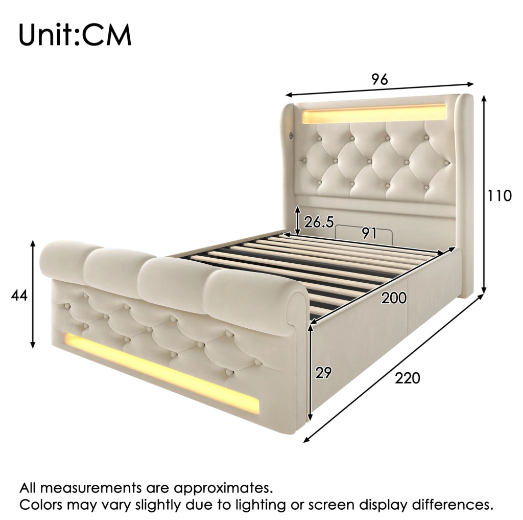 Letto singolo imbottito 90x200 con LED, USB-C e materasso